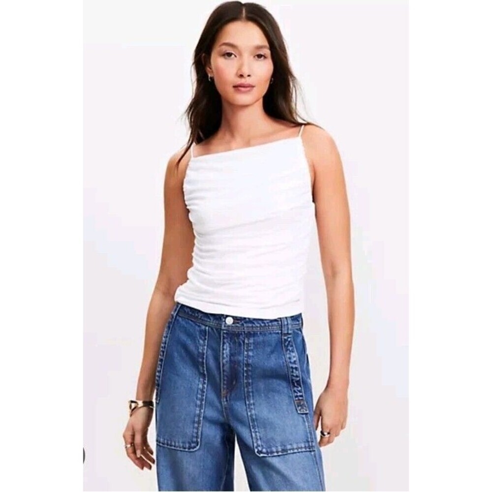 LOFT White Ruched Apron Neck Tank Top NWT Size Large Slimming Capsule Wardrobe